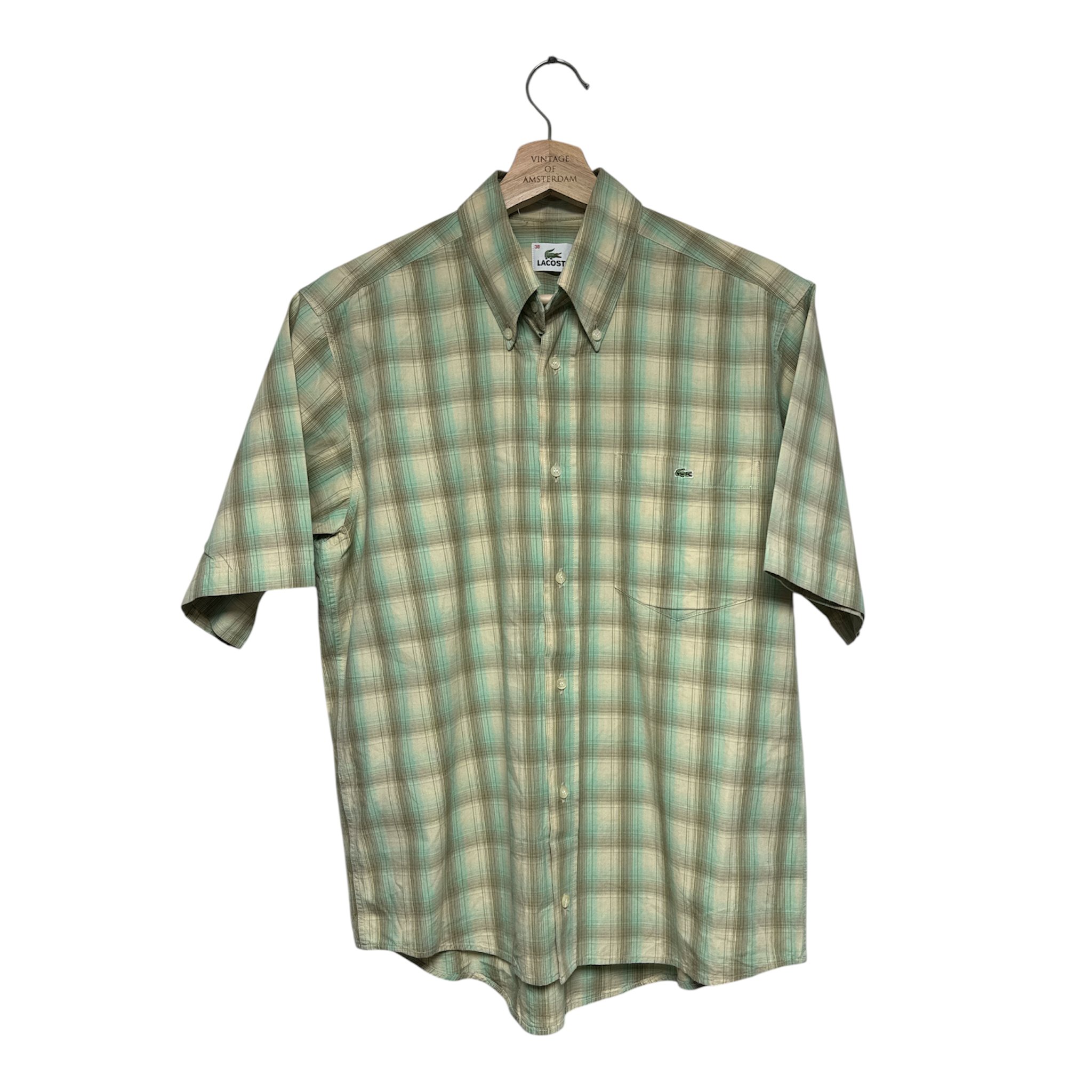 VINTAGE LACOSTE GREEN PLAID SHORT SLEEVE BUTTON-UP SHIRT