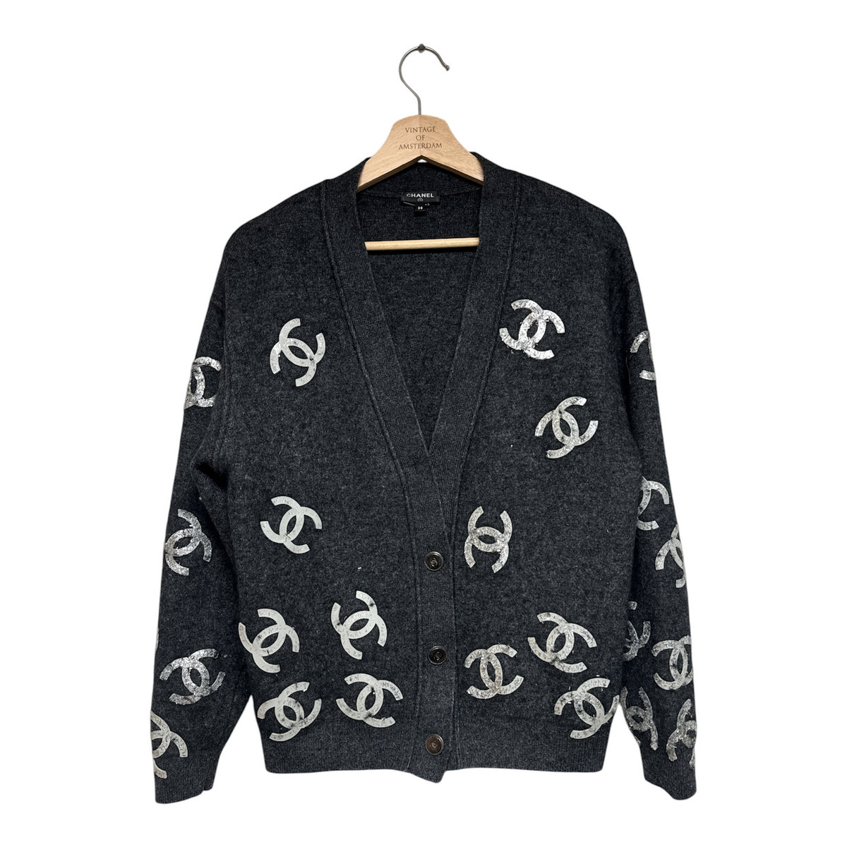 VINTAGE CHANEL CHARCOAL GREY CASHMERE CARDIGAN
