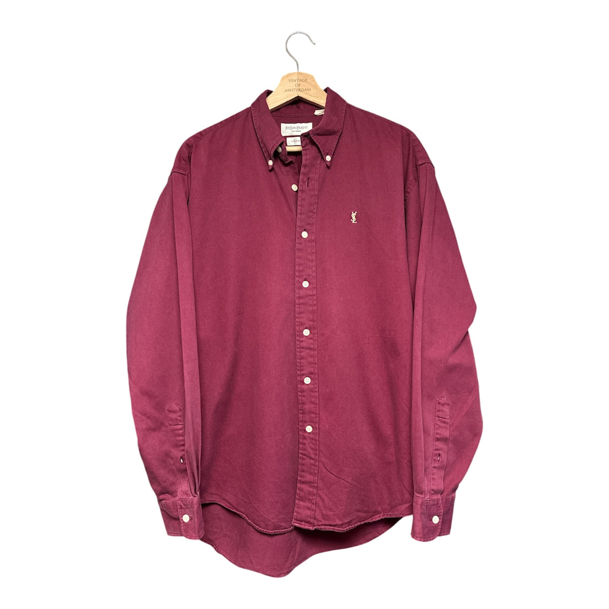VINTAGE YVES SAINT LAURENT EMBROIDERED LOGO BURGUNDY LONG SLEEVE BUTTON DOWN SHIRT-1