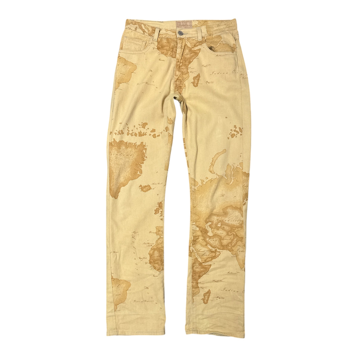 VINTAGE ALVIERO MARTINI 1A CLASSE GEO MAP BEIGE WORLD MAP PRINT STRAIGHT LEG TROUSERS-1