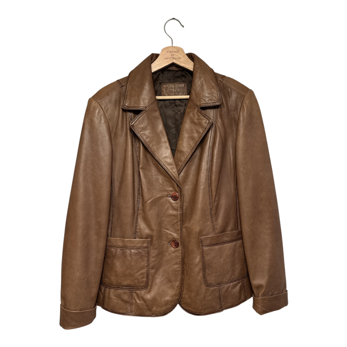 VINTAGE BROWN LEATHER JACKET WITH NOTCH LAPEL AND PATCH POCKETS