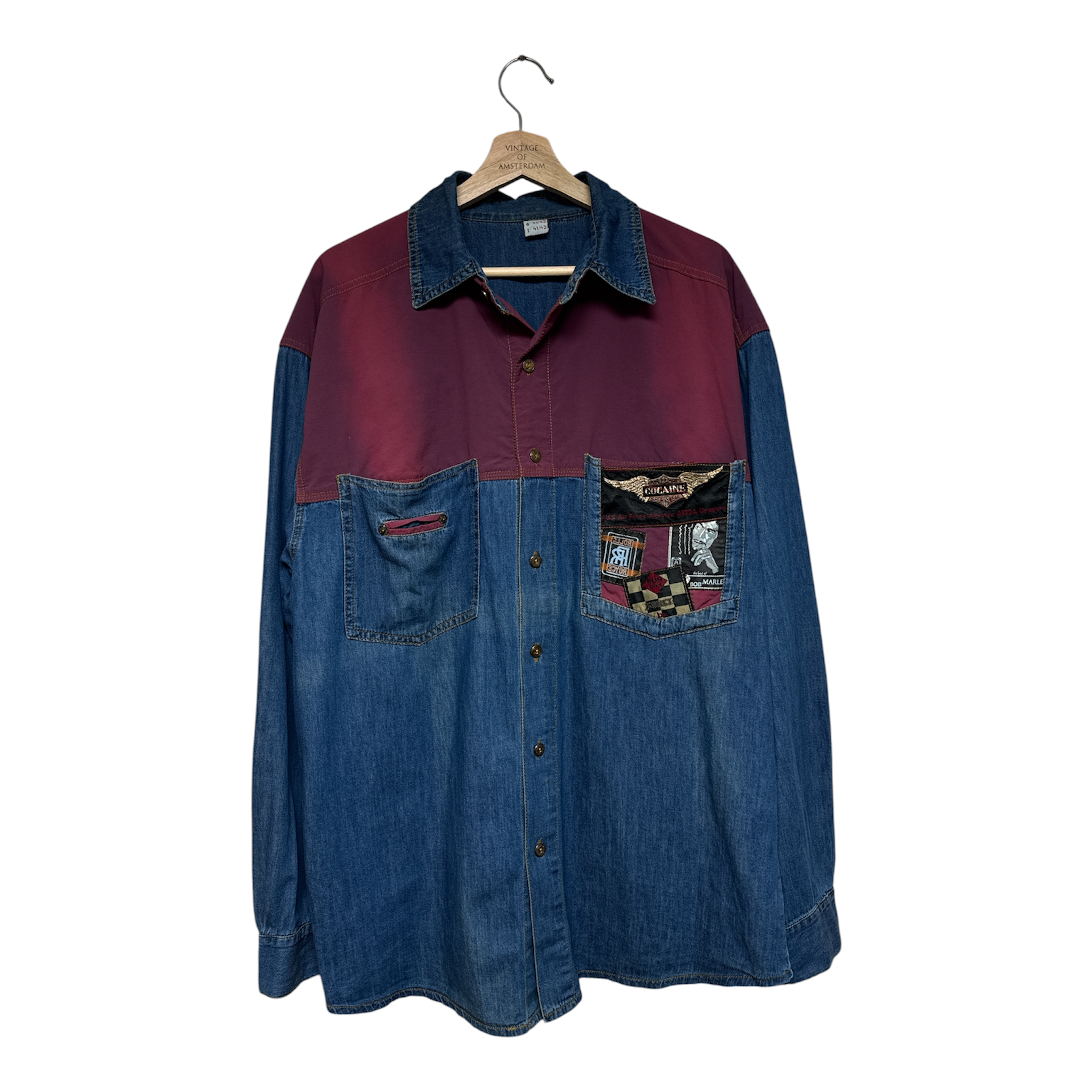 VINTAGE DENIM & BURGUNDY COLOR BLOCK BUTTON-UP SHIRT