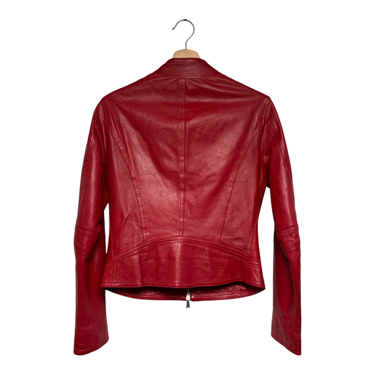 VINTAGE RED LEATHER MOTO / RACER JACKET WITH BUCKLE COLLAR-2