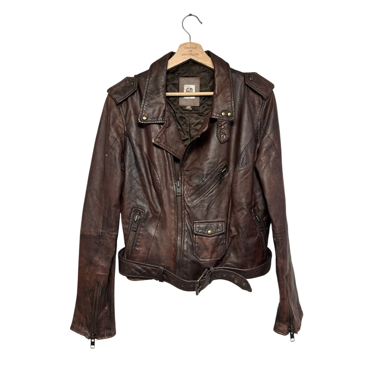 VINTAGE DISTRESSED BROWN LEATHER JACKET WITH BELT-1