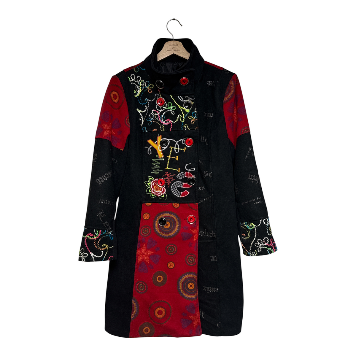 VINTAGE BLACK AND RED PATCHWORK EMBROIDERED COAT-1