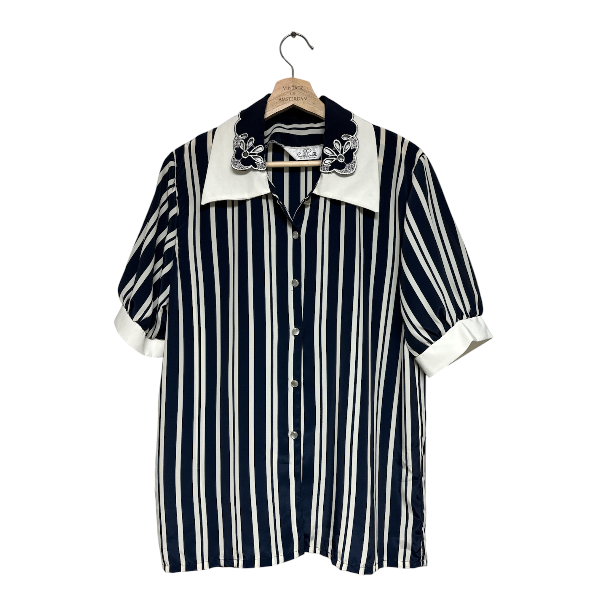 VINTAGE NAVY WHITE STRIPED SHORT SLEEVE SHIRT WITH EMBROIDERED COLLAR DETAIL-1