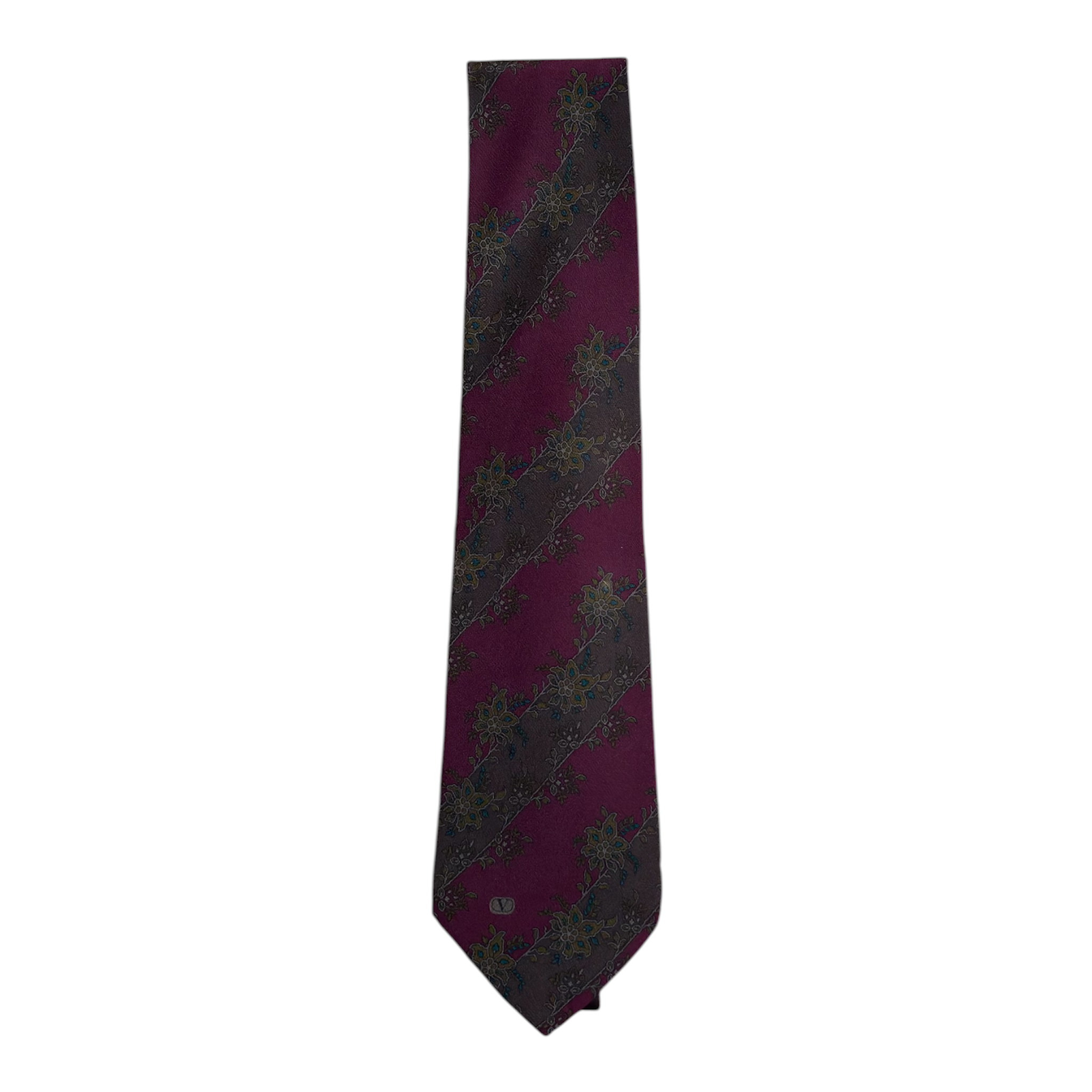 VINTAGE VALENTINO CRAVATTE BURGUNDY FLORAL STRIPE SILK TIE