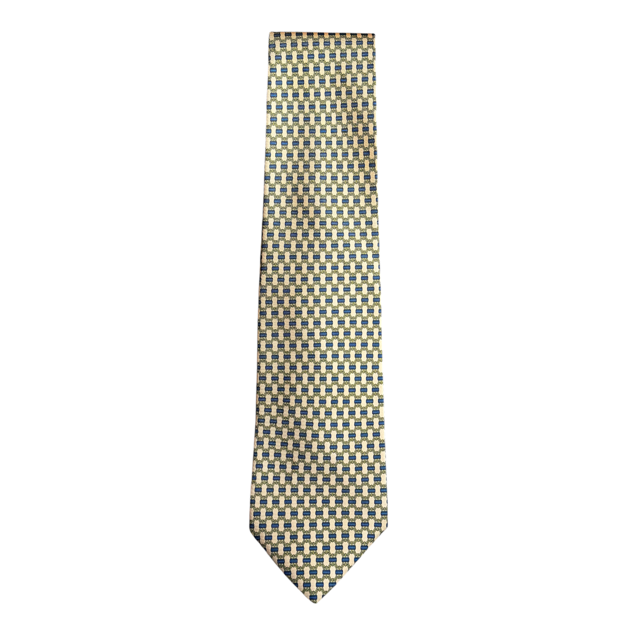 VINTAGE GUCCI BEIGE & BLUE GEOMETRIC SILK TIE