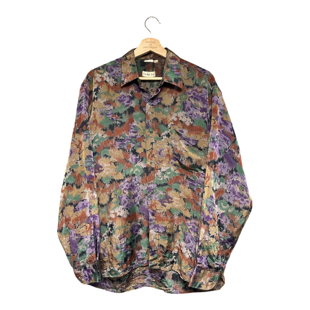 VINTAGE CHRISTIAN DIOR ABSTRACT FLORAL SILK LONG SLEEVE SHIRT-1