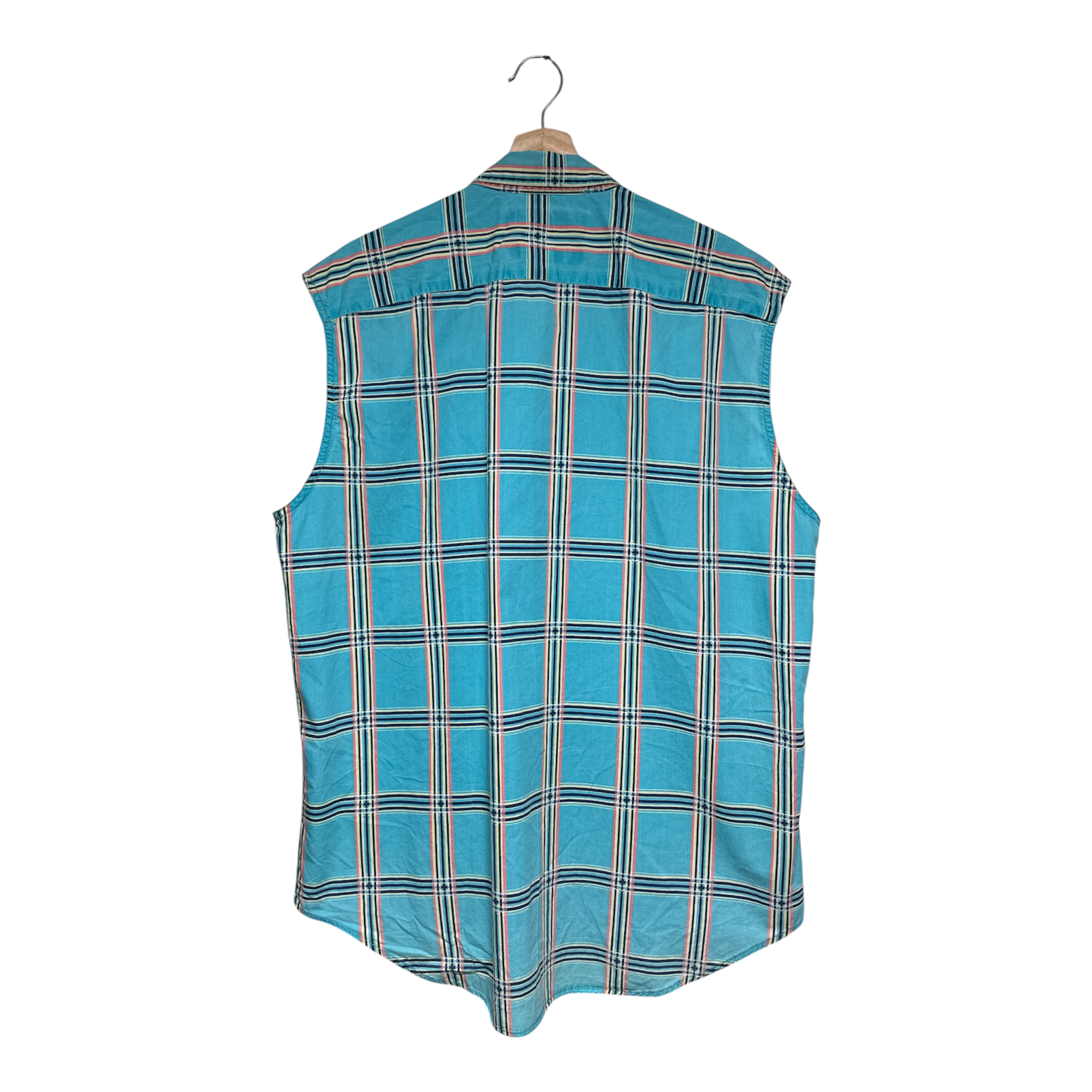 VINTAGE TURQUOISE PLAID SLEEVELESS BUTTON-UP SHIRT BY SCHOTT NYC-2