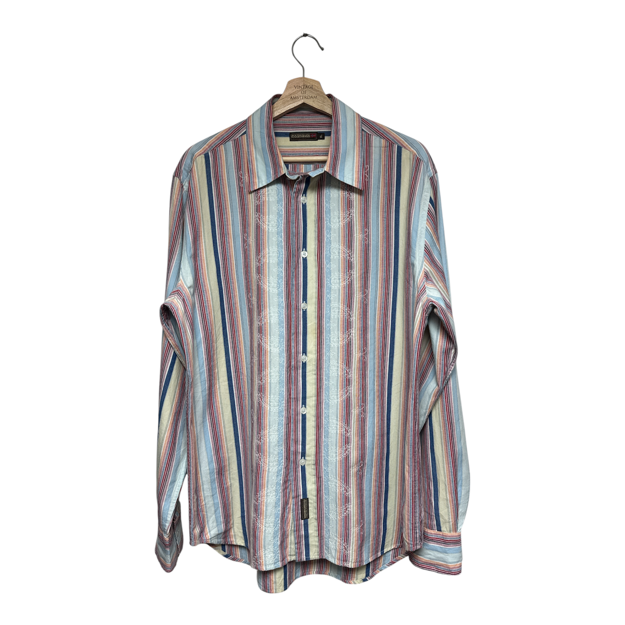 VINTAGE MULTICOLOR STRIPED BUTTON-UP SHIRT WITH EMBROIDERED DETAIL
