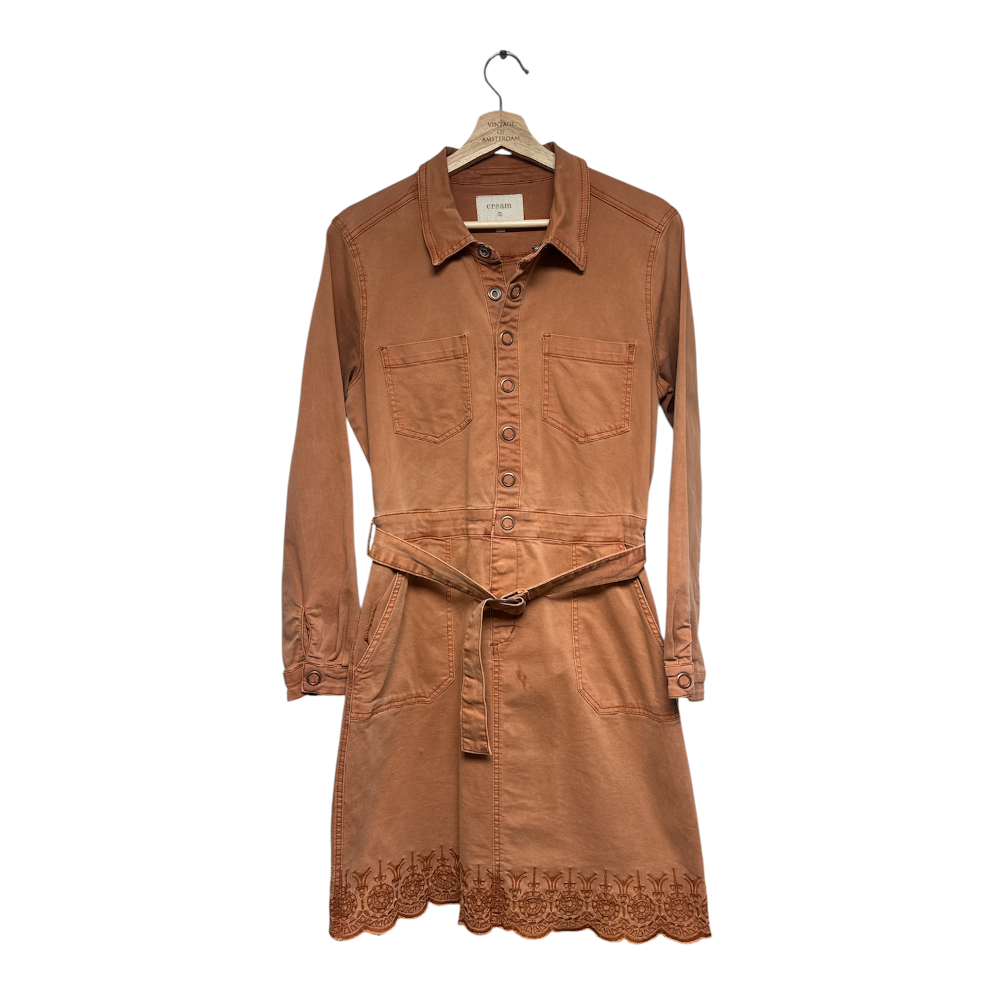 VINTAGE CREAM CAMEL BELTED SHIRT DRESS WITH EMBROIDERED HEM