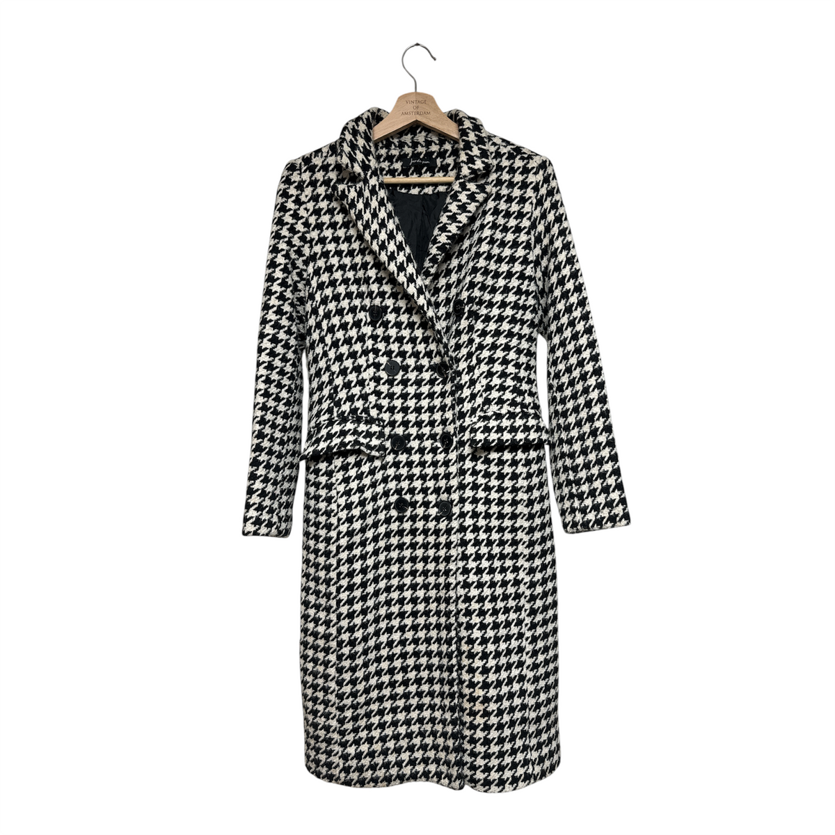 VINTAGE BLACK AND WHITE HOUNDSTOOTH DOUBLE BREASTED LONG COAT