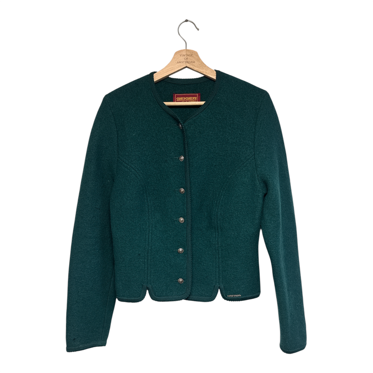 VINTAGE GEIGER DARK GREENBOILED WOOL CARDIGAN