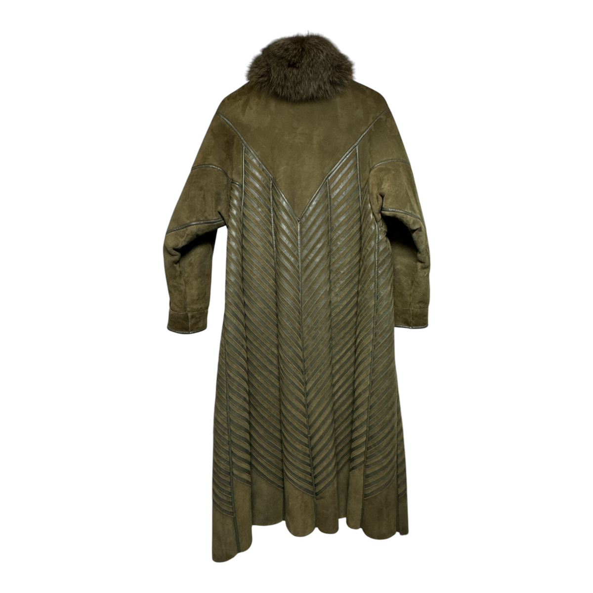 VINTAGE OLIVE GREEN SUEDE AND LEATHER PANEL LONG COAT WITH FUR COLLAR-2