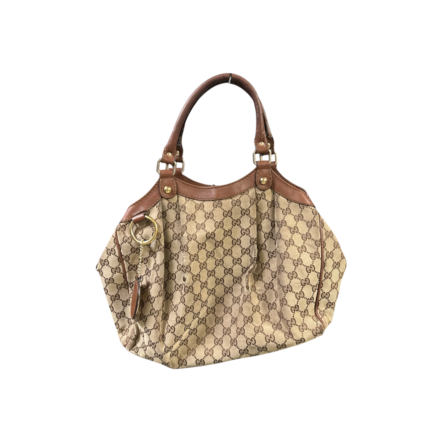 VINTAGE GUCCI SUKEY HOBO BAG - GG MONOGRAM CANVAS & BROWN LEATHER