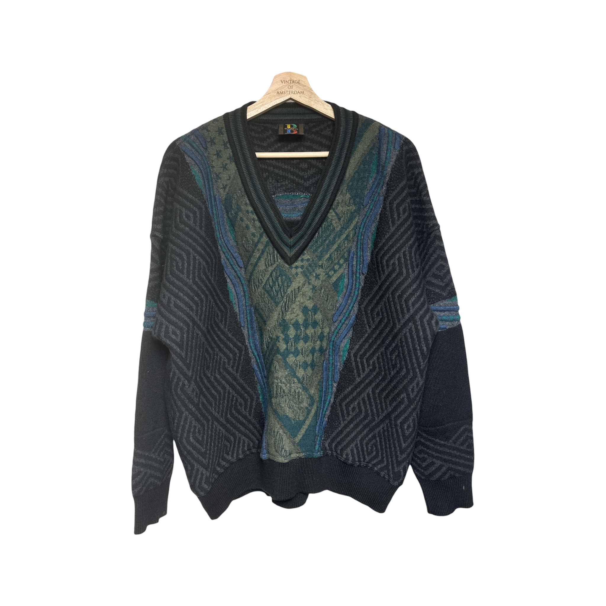 VINTAGE V-NECK MULTI PATTERNED SWEATER