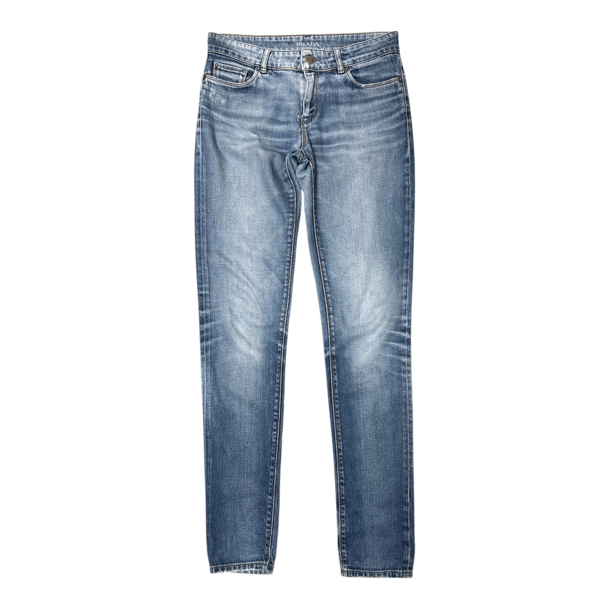 VINTAGE PRADA MEDIUM WASHED DISTRESSED WHISKERED SLIM LEG DENIM JEANS-1