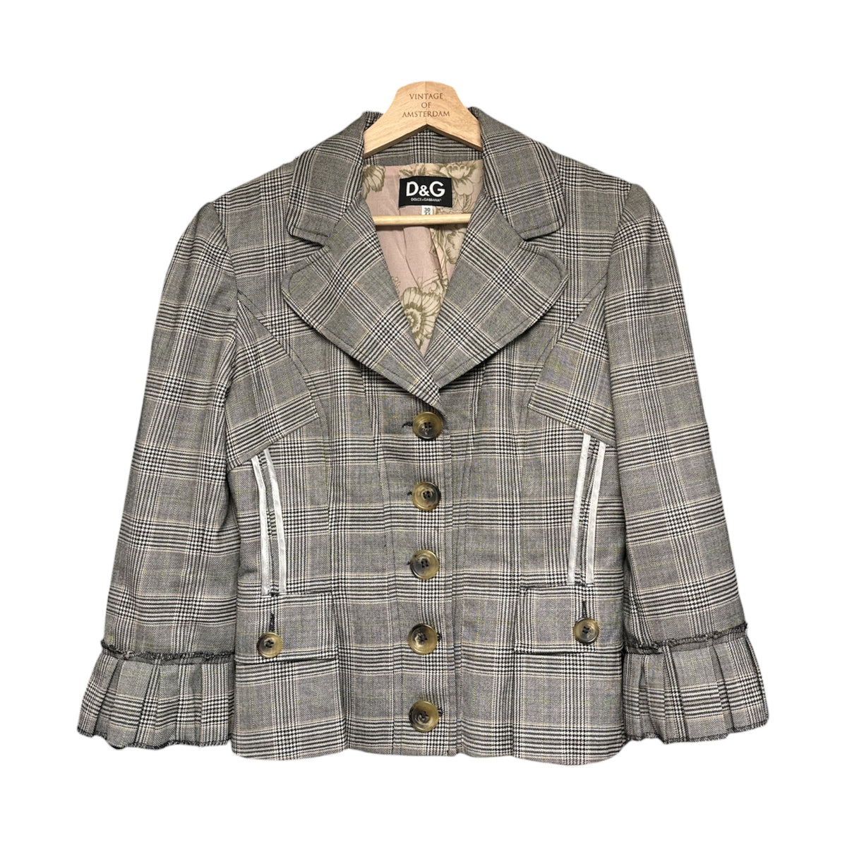 VINTAGE DOLCE GABBANA GLEN PLAID TAILORED RUFFLE CUFF BLAZER-1