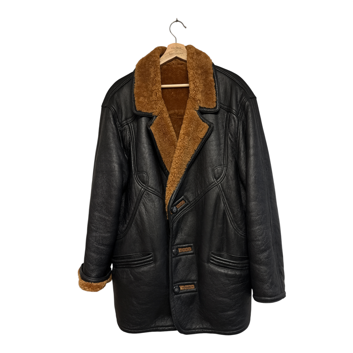 VINTAGE BLACK LEATHER SHEARLING LINED AVIATOR COAT-1