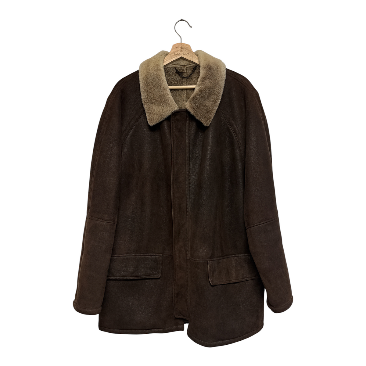 VINTAGE DARK BROWN SHEARLING LINED SUEDE COAT-1