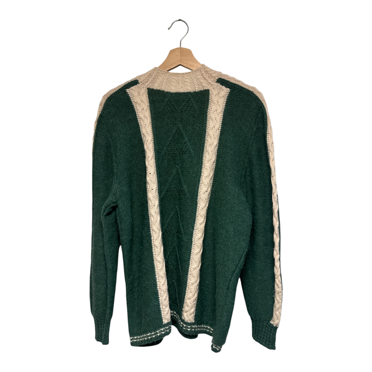 VINTAGE FOREST GREEN AND CREAM CABLE-KNIT PANEL CREWNECK SWEATER-2