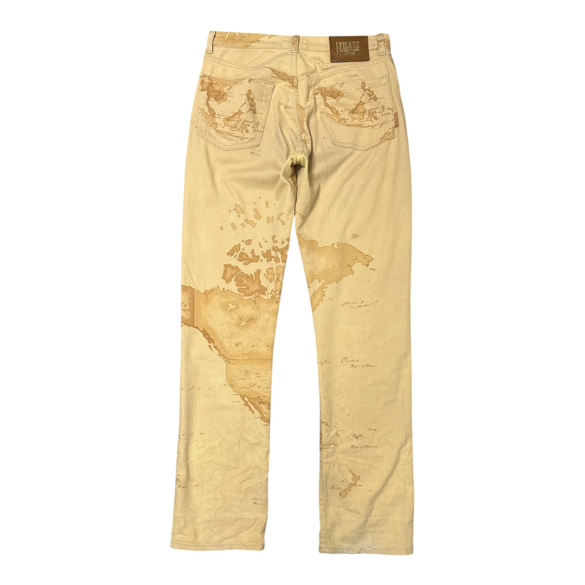 VINTAGE ALVIERO MARTINI 1A CLASSE GEO MAP BEIGE WORLD MAP PRINT STRAIGHT LEG TROUSERS-2