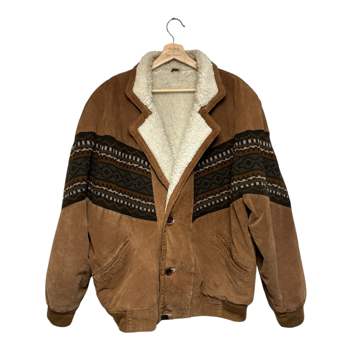 VINTAGE BROWN SUEDE SHERPA LINED BOMBER JACKET WITH AZTEC PATTERN BAND-1