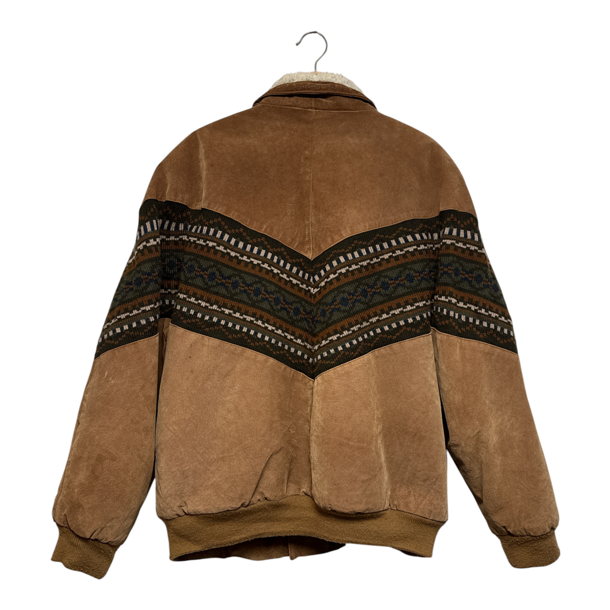 VINTAGE BROWN SUEDE SHERPA LINED BOMBER JACKET WITH AZTEC PATTERN BAND-2