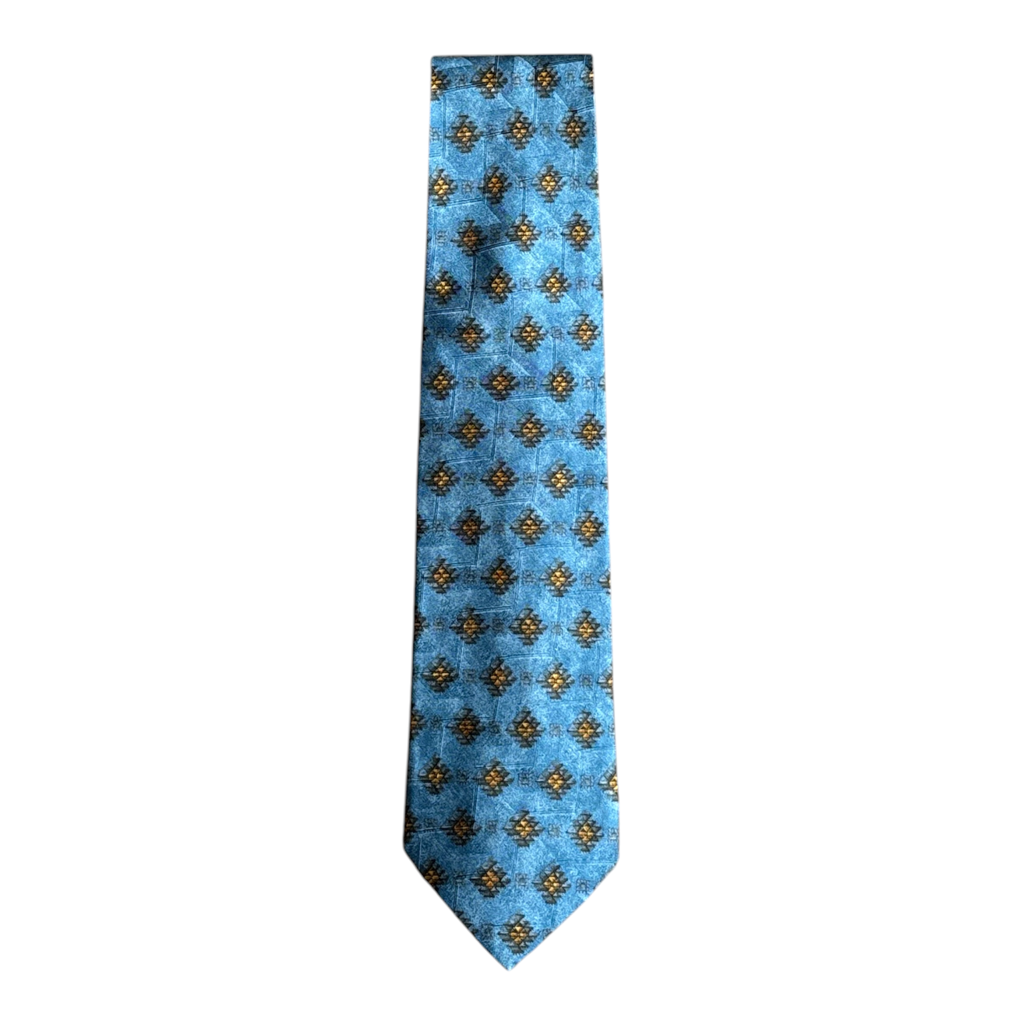 Ermenegildo Zegna light blue silk tie with gold and black geometric medallion pattern and textured woven finish.