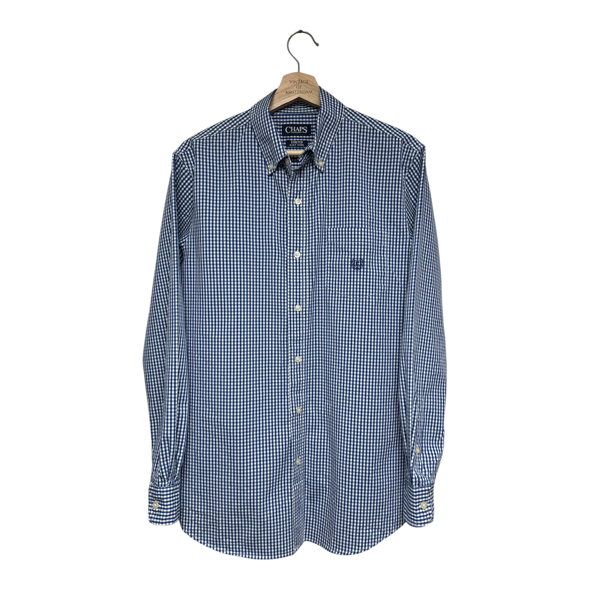VINTAGE CHAPS BLUE GINGHAM CHECK LONG SLEEVE BUTTON-DOWN SHIRT WITH CHEST POCKET
