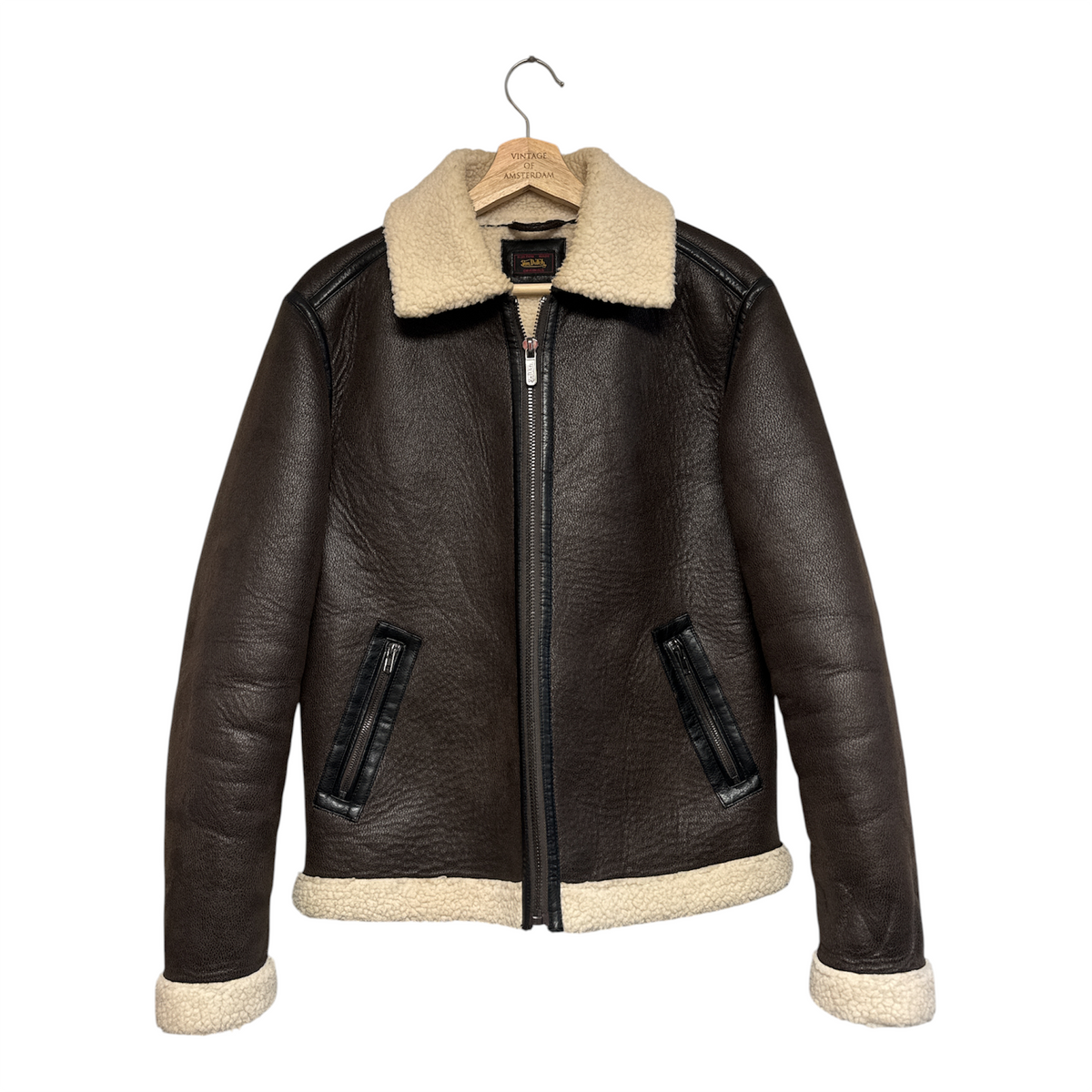 VINTAGE VON DUTCH DARK BROWN SHEARLING AVIATOR JACKET