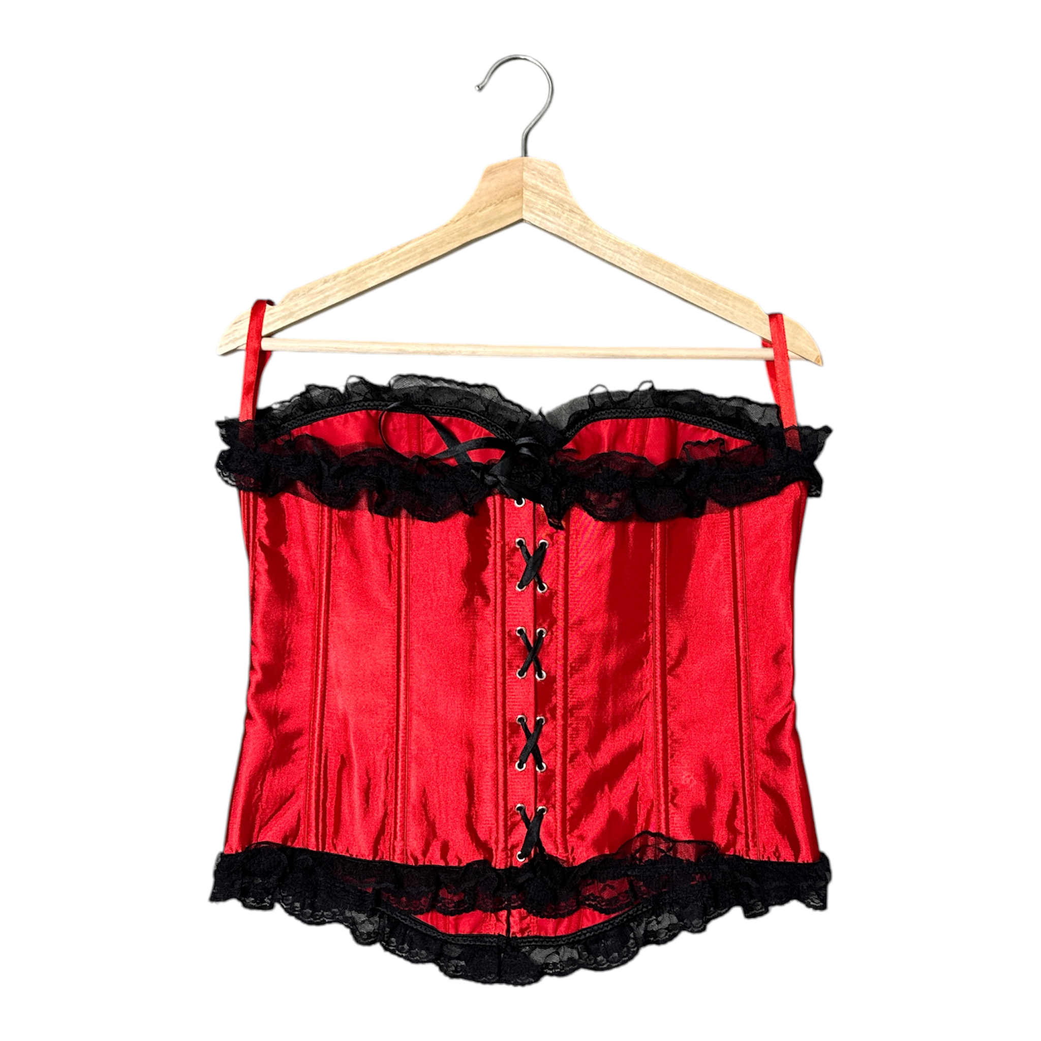 VINTAGE RED SATIN CORSET TOP BLACK LACE BURLESQUE BUSTIER-2